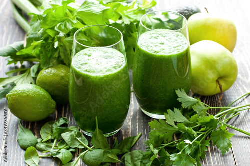 Healthy green smoothie, selective focus
