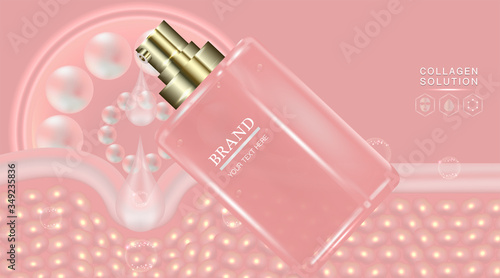 Beauty product ad design, pink cosmetic container with collagen solution advertising background ready to use, luxury skin care banner, illustration vector.