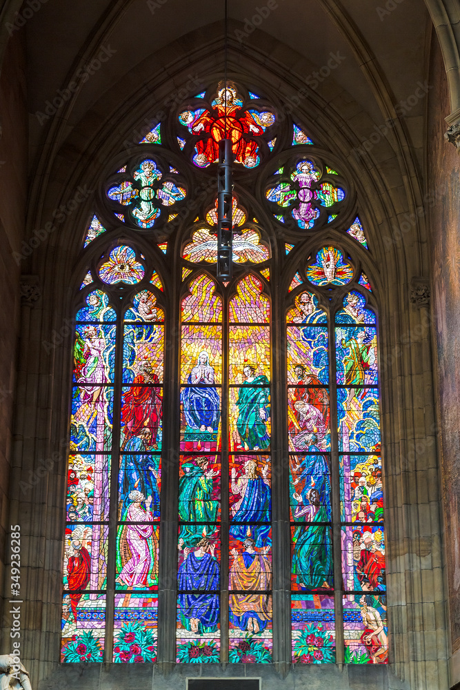 Stained glass window of St. Vitus Cathedral in Prague castle, Prague, Czech Republic Stained glass window of St. Vitus Cathedral in Prague castle, Prague, Czech Republic