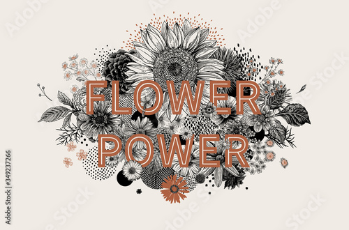 Flower power. Graphic composition. Retro. Black and white. ..