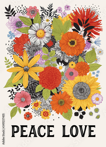 Peace Love. Graphic floral composition. Retro. 60s. Colorful