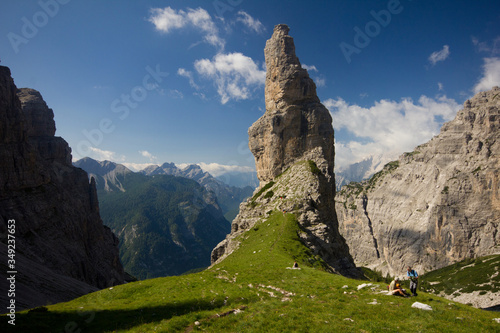 The Campanile di Val Montanaia is a rock tower surrounded by the mountains in Friuli, Italy