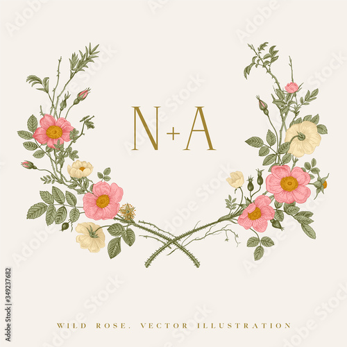 Wreath with wild roses. Wedding frame. Vector floral illustration.