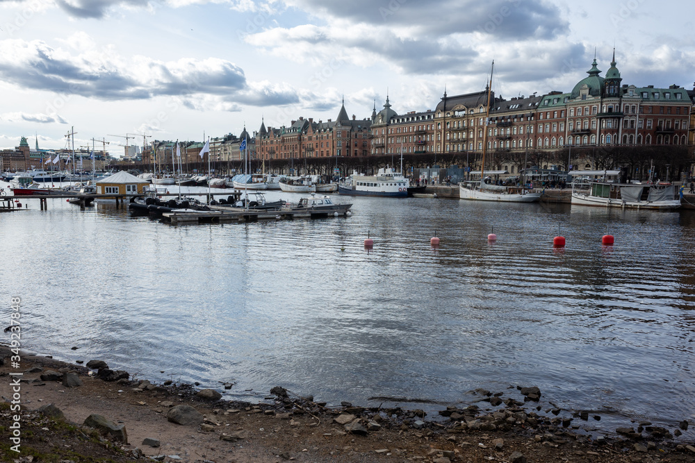 Obraz premium April 22, 2018, Stockholm, Sweden. Marina for yachts and catamarans in the center of Stockholm.