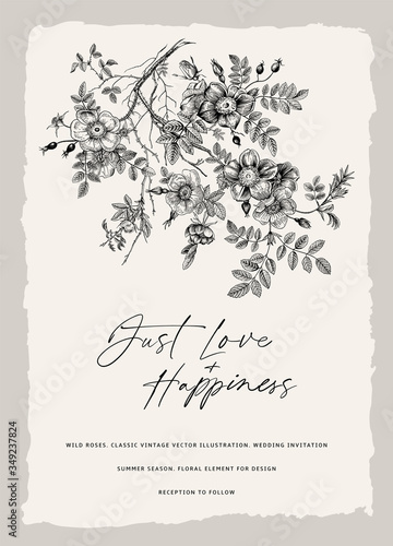 Wild roses. Wedding invitation. Vector floral illustration. Black and white..