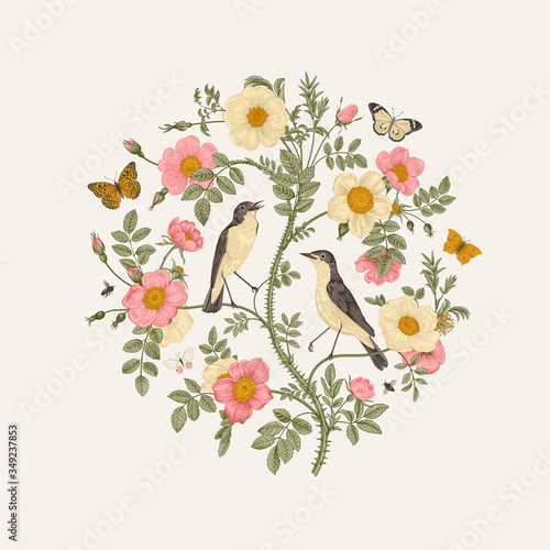 Birds and butterflies are in wild roses. Round Vector vintage classic floral composition.