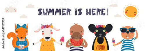 Hand drawn card, banner with cute animals, text Summer Is Here. Vector illustration. Isolated on white background. Scandinavian style flat design. Concept for children holidays print, invite, poster.