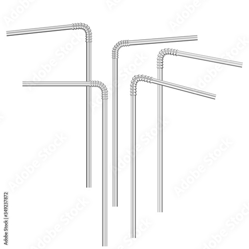 Vector realistic tubules for drinks, smoothie, milk, cocktails, alcohol. Set of realistic drinking straws isolated on white with various bends. 3D template for design.