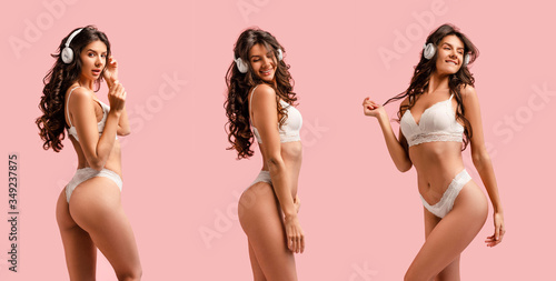 Collage of sexy woman in headphones smiling and looking at camera isolated on pink, panoramic shot