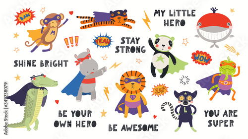 Big set of cute animal superheroes in masks, capes, flying, with quotes. Isolated objects on white background. Hand drawn vector illustration. Scandinavian style flat design. Concept for kids print.