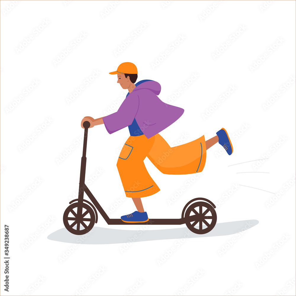 Boy is riding a kick scooter. Flat cartoon vector isolated illustration. Boy is riding a kick scooter. Flat cartoon vector isolated illustration.