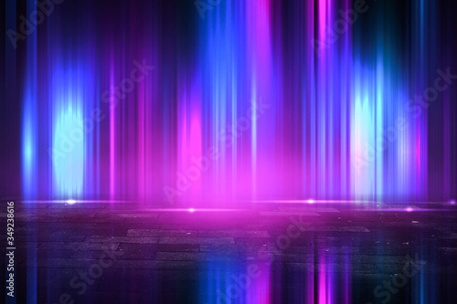 Empty background scene. rays of searchlights, neon blue and purple light, highlights and lights. Night view of the scene. Dark background with spotlights.