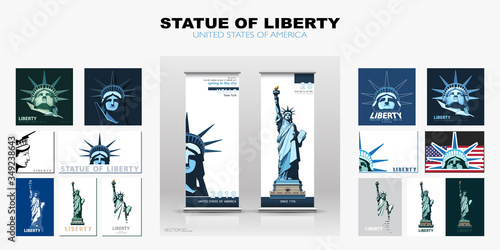 Statue of Liberty design template set. Banner, geometric multicolored flat design. New York. Booklet, album poster. Name of the Annual Report Ad Text. X-banner. Information banner, vector illustration
