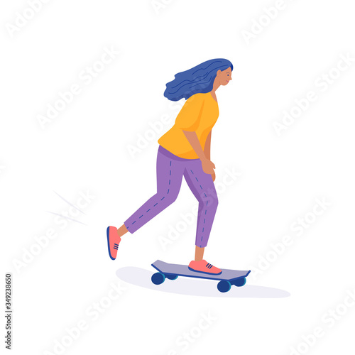 Girl is riding a skateboard. Flat cartoon vector isolated illustration.