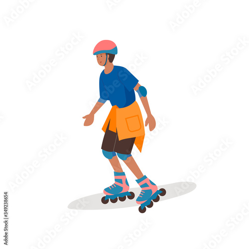  A boy in a helmet and protective gear rides on rollers. Vetor cartoon character illustration.