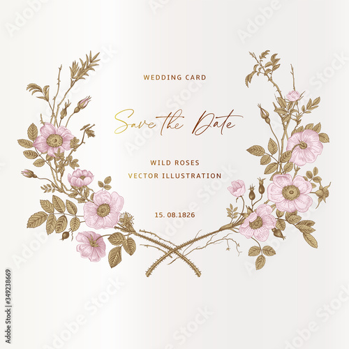 Wreath with wild roses. Wedding frame. Vector vintage floral illustration. Pink and gold.