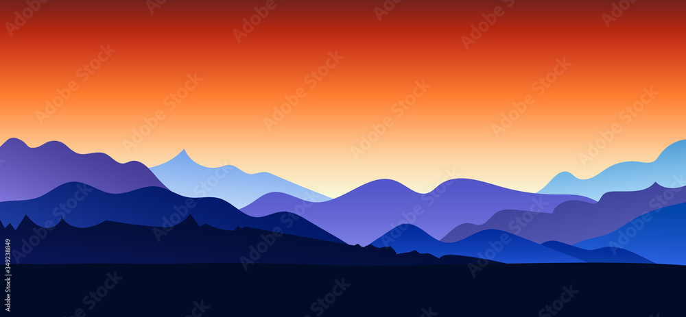 Flat landscape with Mountain Peaks and red gradient sky at sunrise. Vacation and Outdoor Banner. Recreation and Meditation Texture Concept. Serenity Vector illustration background.