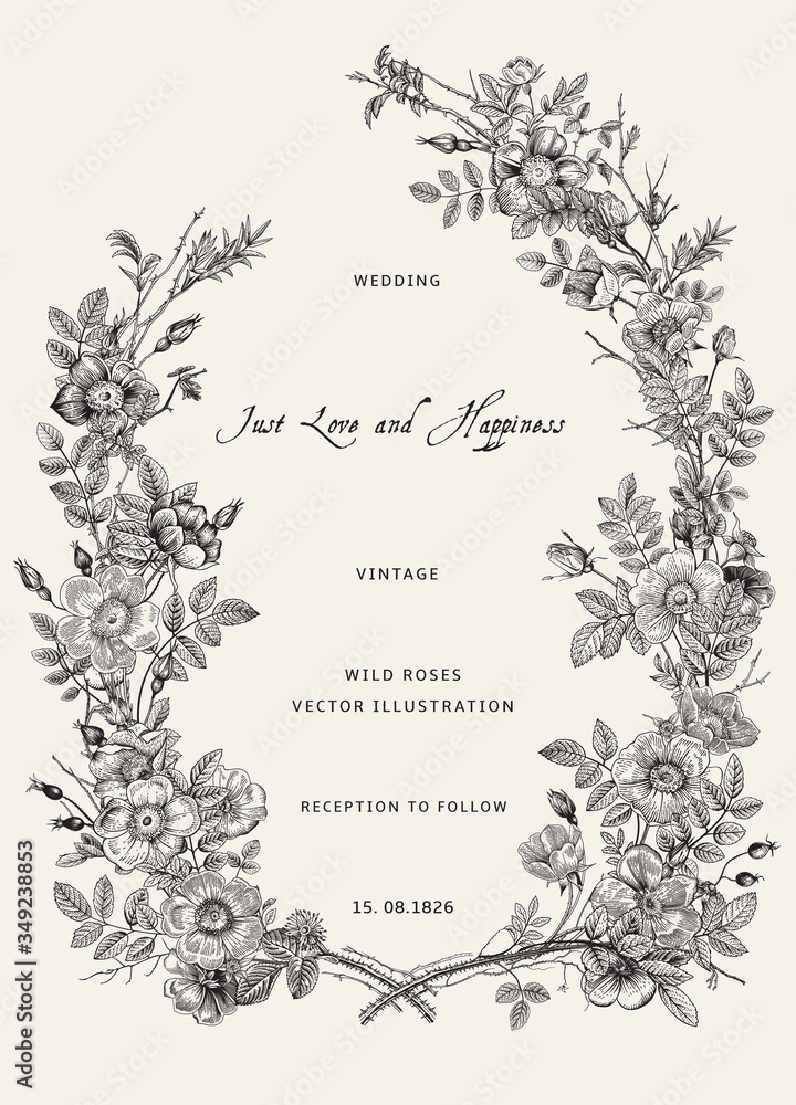 Wreath with wild roses. Wedding invitation. Vector vintage floral illustration. Black and white