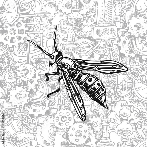 Mechanical insect. Hand drawn beautiful vector illustration.