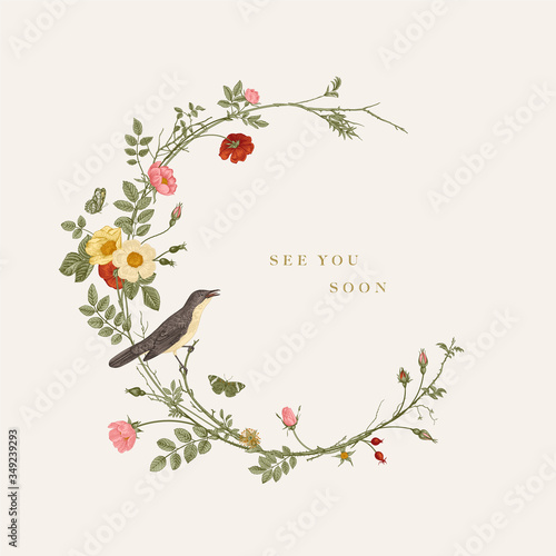 Wreath with wild roses and nightingale. See you soon. Vector floral illustration. Rococo