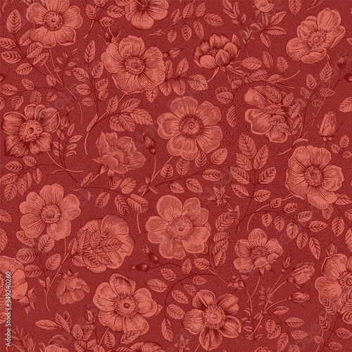 Vintage floral illustration. Seamless pattern. Red