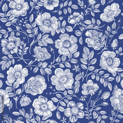 Vintage floral illustration. Seamless pattern. Wild Roses. Blue and white