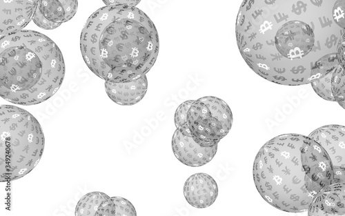 Bitcoin economic financial bubble. crypto currency 3D illustration. Business concept. Silver bubbles on white background. Bit, Coin, mining concept © Plastic man