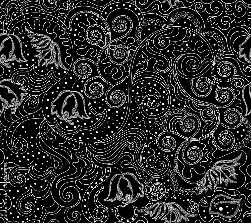 Abstract graphic vector seamless pattern with hand drawn figured ornamental lines, flowers and doodles Abstract graphic vector seamless pattern with hand drawn figured ornamental lines, flowers and doodles