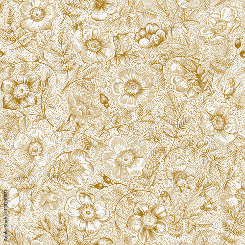 Vintage floral illustration. Seamless pattern. Wild Rose. Gold. 