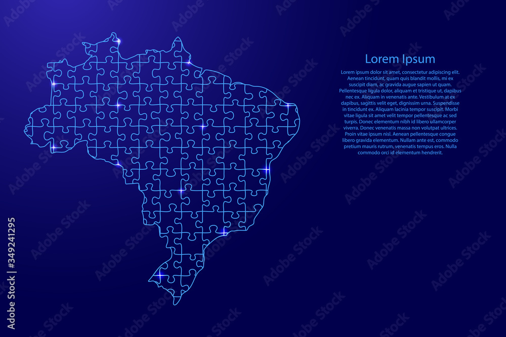 Brazil map from blue pattern from composed puzzles and glowing space stars. Vector illustration.