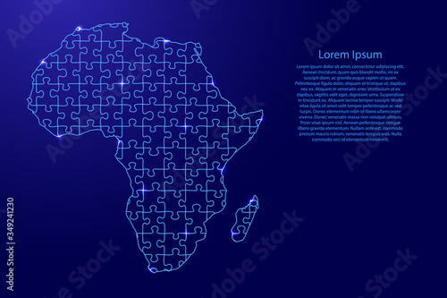 Africa mainland map from blue pattern from composed puzzles and glowing space stars. Vector illustration.