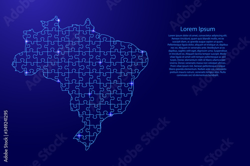 Brazil map from blue pattern from composed puzzles and glowing space stars. Vector illustration.