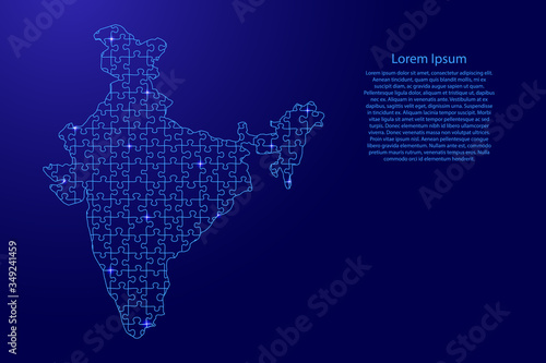 India map from blue pattern from composed puzzles and glowing space stars. Vector illustration.