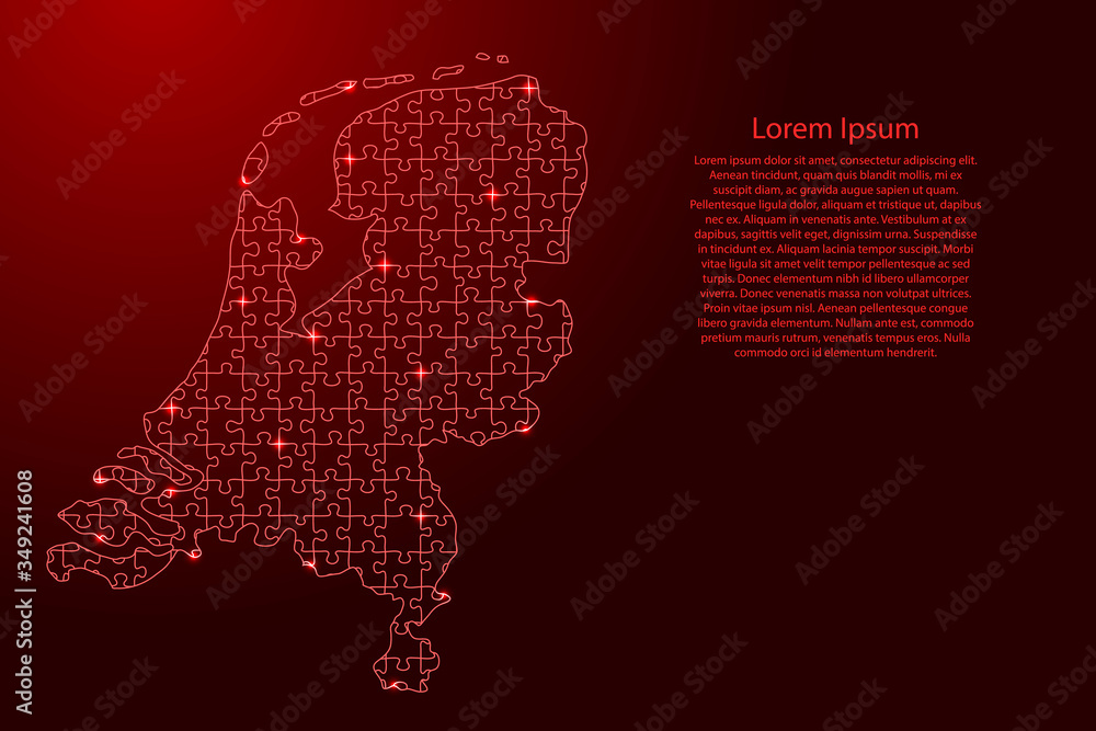 Netherlands map from red pattern from composed puzzles and glowing space stars. Vector illustration.