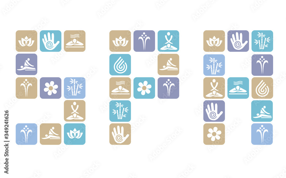 Naklejka premium Spa inscription with spa and massage symbols. Decorative inscription with Colorful spa massage icons. Vector available. 
