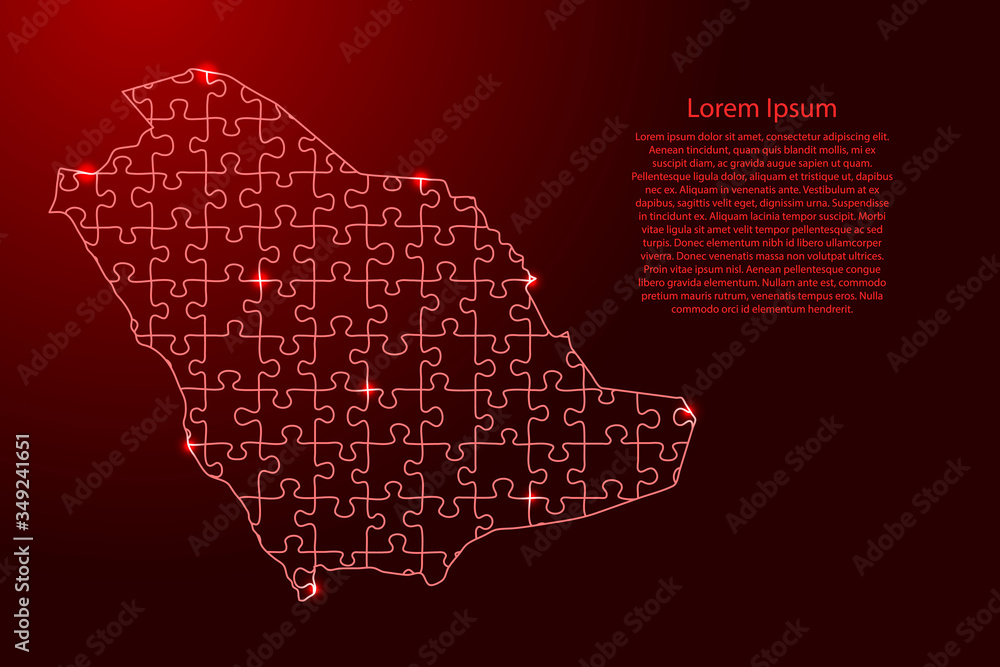 Saudi Arabia map from red pattern from composed puzzles and glowing space stars. Vector illustration.