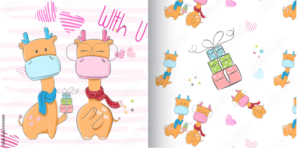 Fototapeta premium Cute animal Giraffe Love Seamless Pattern for kids