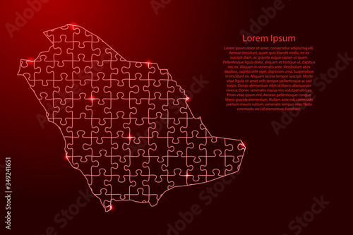 Saudi Arabia map from red pattern from composed puzzles and glowing space stars. Vector illustration.