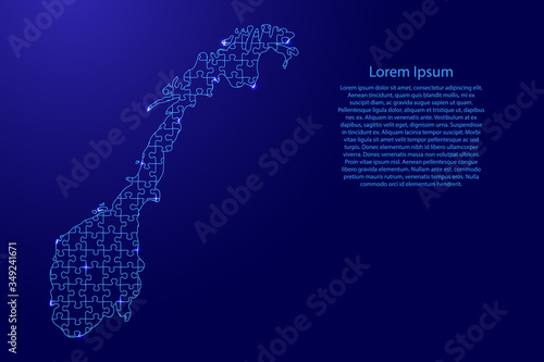 Norway map from blue pattern from composed puzzles and glowing space stars. Vector illustration.