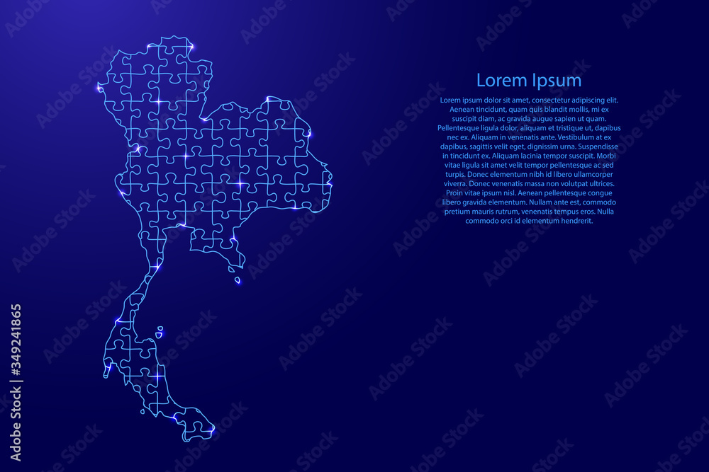 Thailand map from blue pattern from composed puzzles and glowing space stars. Vector illustration.