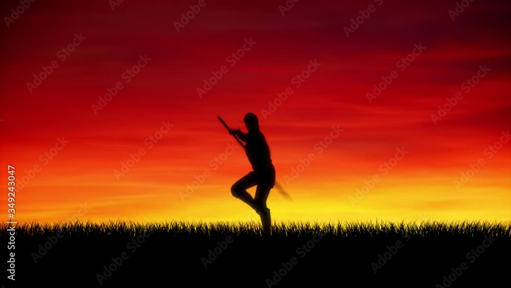 Asian warrior training at sunset. Seamless loop. Asian warrior training at sunset. Seamless loop.