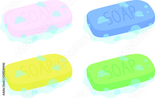 A soapy soap in 4 colors, pink, blue, yellow and green