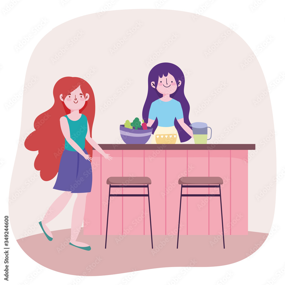 Obraz premium people cooking, girls with bowl food juice jar on counter the kitchen
