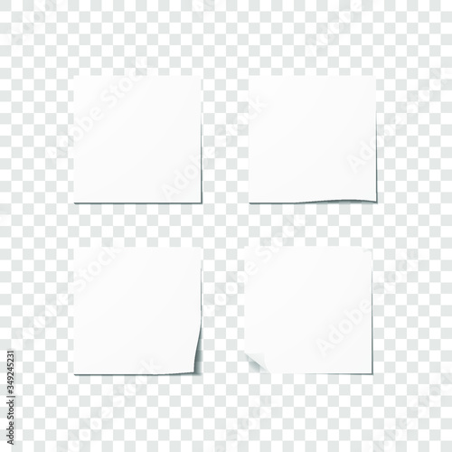 Set of realistic white stickers.Blank adhesive sheets. Stock vector illustration on transparent background.