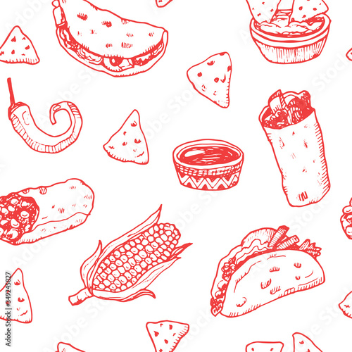 Hand drawn sketch Mexican food seamless background.