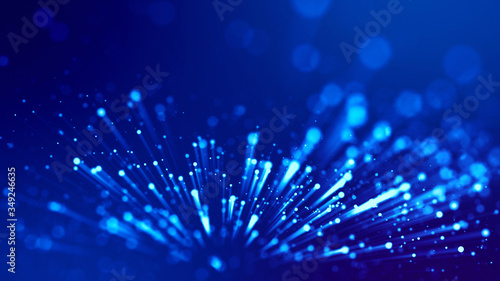 Blue light rays like laser show for bright festive presentation. 3d rendering of abstract blue background with glowing particles like micro world science fiction with depth of field and bokeh.