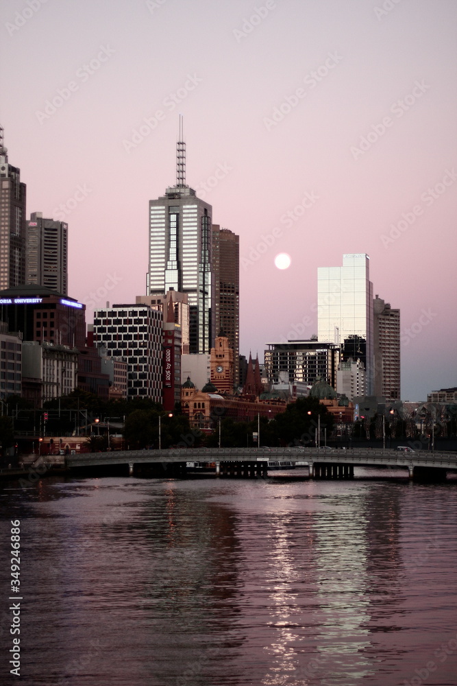 Purple sunset sky by Melbourne city river view Purple sunset sky by Melbourne city river view