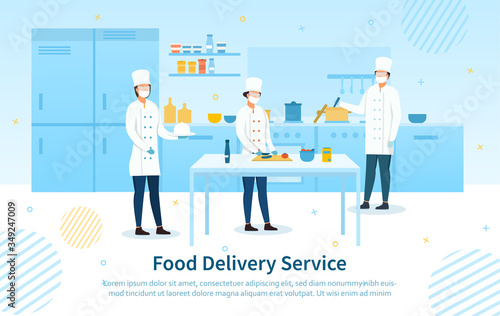 Food Delivery Service showing the chefs preparing the meals in a restaurant kitchen with text during the Covid-19 pandemic, colored vector illustration