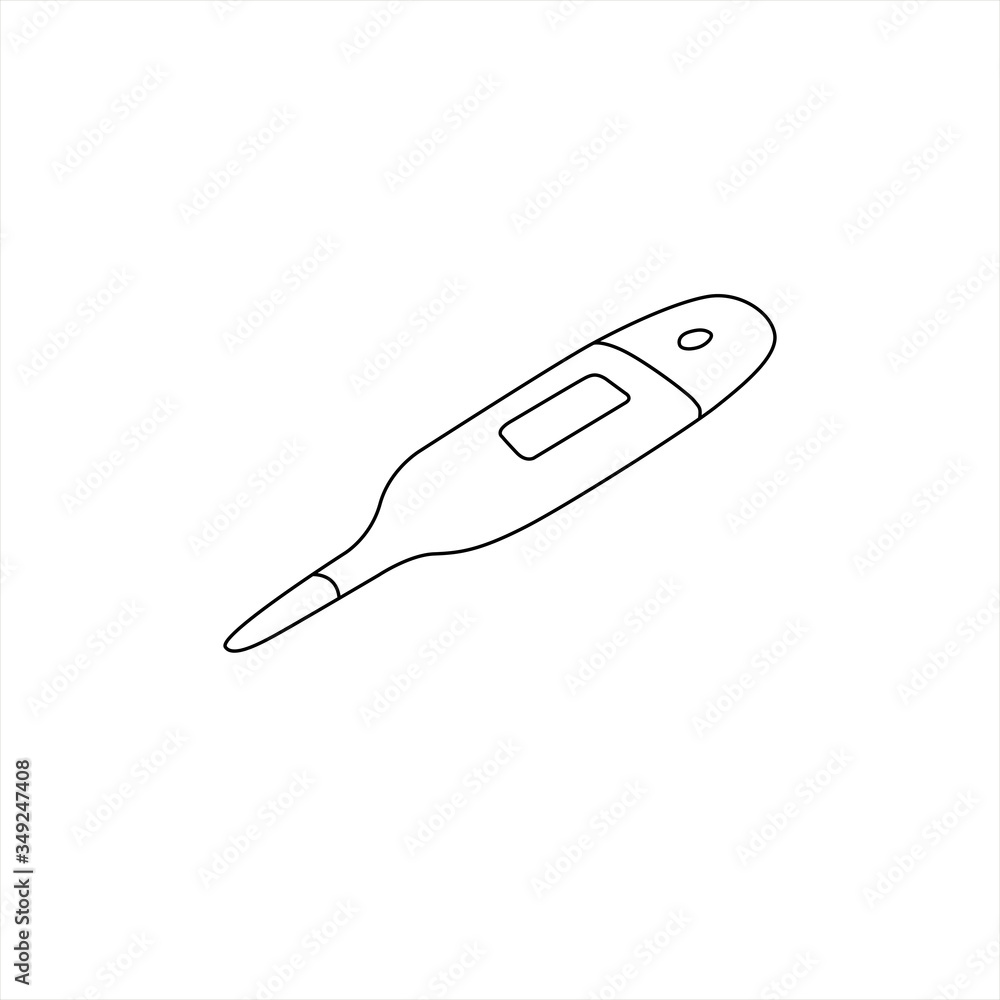 Digital thermometer icon. Hand drawn outline doodle. Medical supplies, medications to treat and protect against the virus. Covid-19, coronavirus. Isolated on white background. Vector EPS10 Digital thermometer icon. Hand drawn outline doodle. Medical supplies, medications to treat and protect against the virus. Covid-19, coronavirus. Isolated on white background. Vector EPS10
