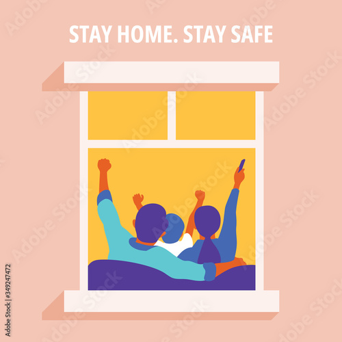 Stay at home awareness social media campaign and coronavirus prevention: family lived at home together happily